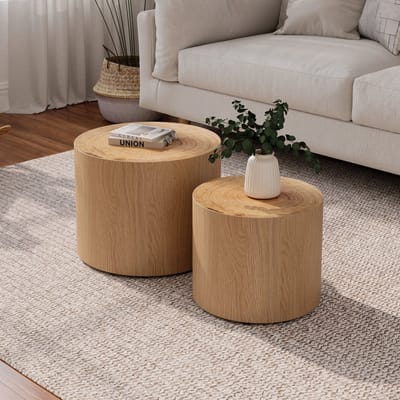 Salontafel Set - 2-Delig Ronde Houten Bijzettafels met Boomring Design - Modern Design - Hout - Natuurlijk