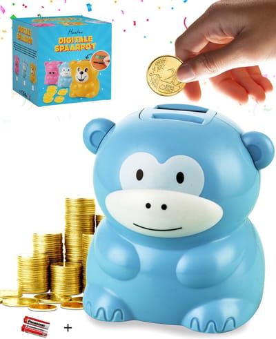 Huntex Digitale Spaarpot Aap Met Muntenteller - 1,75 Liter - Geschikt Voor Euro's - Spaarpot Voor Jongen En Meisje - Met Teller - Met Slot - Elektrische Spaarpot - Volwassenen - Educatief Speelgoed - Spaarvarken