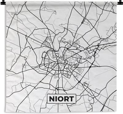 Wandkleed - Wanddoek - Stadskaart - Plattegrond - Kaart - Frankrijk - Niort - Zwart wit - 180x180 cm - Wandtapijt