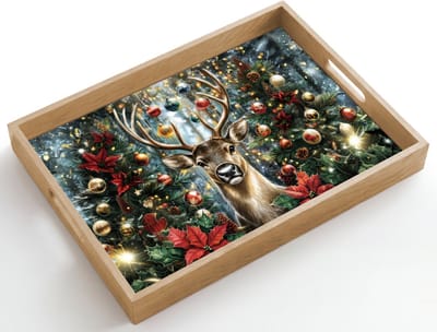 Dienblad hout 50x35 cm - Schootdienblad - Kerstfeest - Dennenbos - Rood - Borrelplank rechthoek - Plateau dienbladen