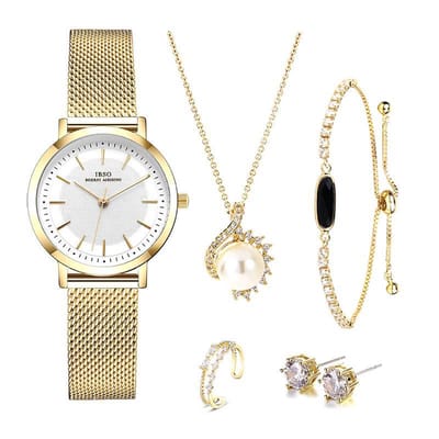 Modieus Gouden Horloge, Ring, Armband, oorbellen en Ketting | SMAEL G011| Boerni Aibisino | Goud luxe geschenk set luxe geschenk set | Crystal glass | Premium kwaliteit uurwerk | Mineraal | Geschenk | Fashion | Elegant | Dames | Vrouw | Black Friday