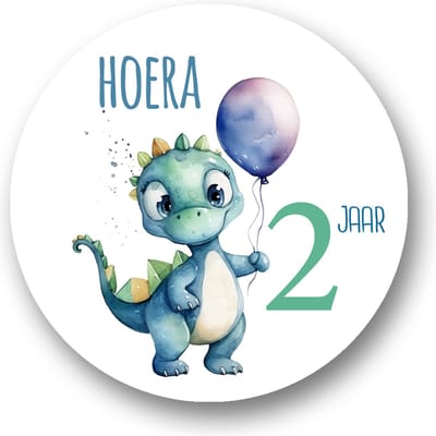 Sluitsticker Hoera 2 jaar Dino | Traktatie Sticker | Dino sticker | 40 mm | Sluitzegel Feest| Sluitsticker | Traktatie - Verjaardag - Kinderfeest - Kinderverjaardag - Traktatiestickers Pimp Studio