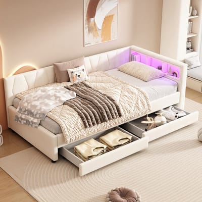 Gutent Slaapbank, Beige (Zonder matras), 90*200 cm, Opbergvak naast bed, USB+C type, afstandsbediening voor LED sfeerlicht, met twee laden, met lattenbodem, linnen, dagbed