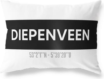 Tuinkussen DIEPENVEEN - OVERIJSSEL met coördinaten - Buitenkussen - Bootkussen - Weerbestendig - Jouw Plaats - Studio216 - Modern - Zwart-Wit - 50x30cm