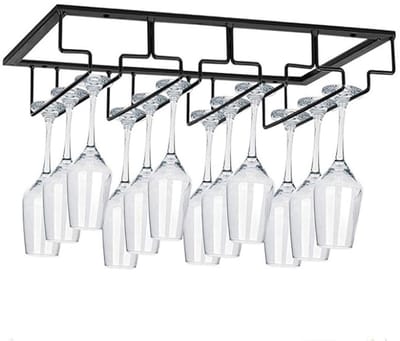 GELLDG Wijnglazenrek - Hangend onderkastmodel - Metalen rek voor wijnglazen - Inclusief schroeven - Roestvrij staal - 4-laags glazenrek - Geschikt voor keukens, bars en restaurants - Zwart