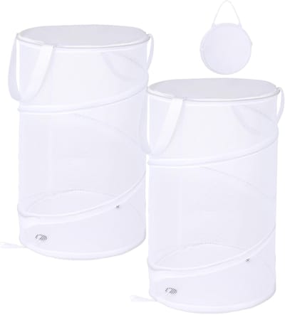 Opvouwbare wasmanden met deksel, pop-up wasmanden van gaas, draagbare witte wasmanden van gaas, wasmanden met handvatten voor kamperen, reizen, kleding, kinderkamer organizer, 2 stuks, 32x32x50cm