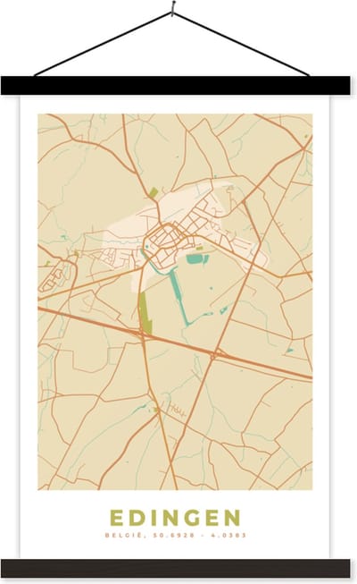 Posterhanger incl. Poster 40x60 cm - Schoolplaat - Kaart - België - Plattegrond - Edingen - Stadskaart - Textielposter - Zwarte latten - Stadskaart