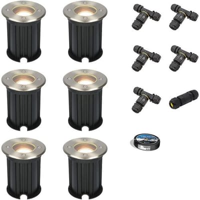 Set van 6 Maisy LED Grondspot - Dimbaar - Rond - Ø12cm - GU10 - 4 Watt 345 Lumen - 4000K neutraal wit - RVS - IP67 waterdicht - Tuinspot - Oprit - Inclusief installatiemateriaal (Kabel & connector)