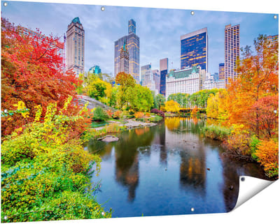 Gards Tuinposter Kleurrijke Central Park tijdens de Herfst - 150x100 cm - Tuindoek - Tuindecoratie - Wanddecoratie buiten - Tuinschilderij