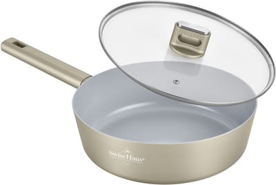 Swiss Haus® SCDF24CH Hapjespan met Deksel – Ø24 cm / 2.8L - Inductie & Alle Warmtebronnen – PFAS Vrij – Braadpan – Antiaanbaklaag – Champagne
