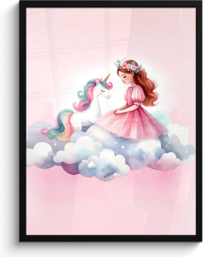 Poster in lijst - Fotolijst 60x80 cm - Posters - Eenhoorn - Prinses - Unicorn - Roze - Wolken - Posterlijst zwart - Kamer decoratie - Wanddecoratie kinderkamer - Muurdecoratie babykamer