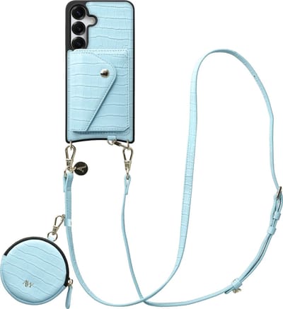 AVY Leren Hoesje geschikt voor Samsung Galaxy S25 / S24 | Met Koord, Wallet en Pouch | Compatibel met MagSafe | Leather Case met 130CM Koord | Long Leather | Croco Blauw