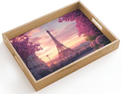 Dienblad hout 40x30 cm - Schootdienblad - Eiffeltoren - Parijs - Roze - Borrelplank rechthoek - Plateau dienbladen