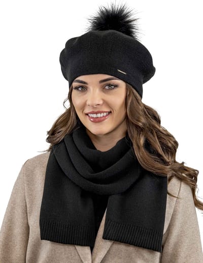 Vivisence Dames Winter Baret En Sjaal Set - Wolmix Met Wol En Acryl Met Pompon Van Imitatiebont - Zacht Comfort Voor Koude Dagen Elegant Bij Alledaagse En Chique Outfits Afmetingen Sjaal 166 X 29 Cm - Zwart
