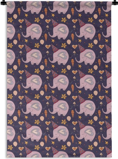 Wandkleed - Wanddoek - Verjaardag - Olifant - Bloemen - Patronen - 120x180 cm - Wandtapijt
