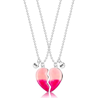 Bixorp Friends Hartje BFF Ketting voor 2 Roze & Rood Hart - Zilverkleurig - Vriendschapsketting voor twee