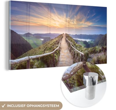 MuchoWow® Glasschilderij 40x20 cm - Schilderij acrylglas - Bergen - Natuur - Pad - Foto op glas - Schilderijen