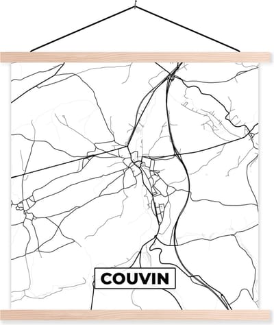 Posterhanger incl. Poster 40x40 cm - Schoolplaat - Plattegrond – Couvin – Zwart Wit – Stadskaart - België - Kaart - Textielposter - Blanke latten - Stadskaart