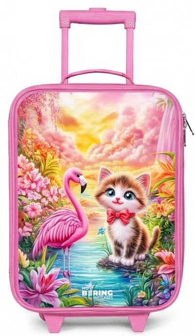 NoBoringSuitcases.com® - Kinderkoffer roze - Kindertrolley meisje - Kitten met flamingo in tropisch bloemenparadijs - Koffer kind lichtgewicht - Reiskoffer trolley voor kinderen - Koffertje met lichtgevende wieltjes - Rolkoffer