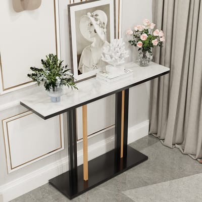 FATIVO Consoletafel marmerlook - Haltafel - Wandtafel - Metalen frame - Zwart & Wit - 118x30x78cm - Voor Hal, Woonkamer