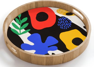Dienblad rond 40x40 cm - Schootdienblad hout - Bloemen - Bladeren - Abstract - Zwart - Borrelplank rechthoek - Plateau houten dienbladen