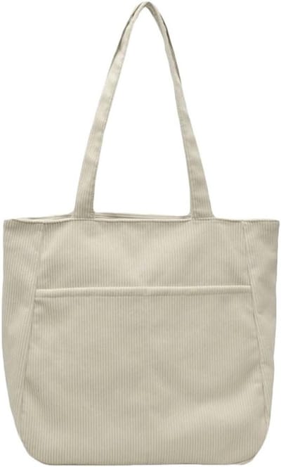 Grote Corduroy Schoudertas voor Vrouwen met Rits, Ideaal voor Werk, Reizen en Winkelen - Beige/Grey