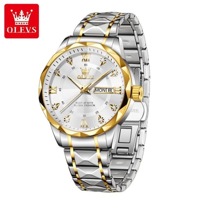 HO-5609.gz : Olevs zilver/goudkleurig edelstaal quartz heren horloge, diamantzirkonia's, facetto, Romeinse cijfers, dagnaam, dagkalender