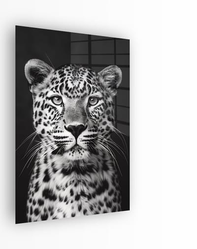 Indoorart - Glasschilderij Luipaard Zwart Wit 40x60 CM - Afbeelding op plexiglas - Inclusief montagemateriaal