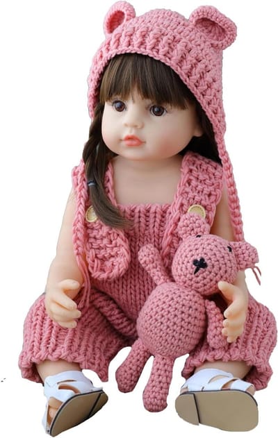 Babypop - Speelgoedpop Realistisch - Kinderspel - Handgebreide Outfit - Standaard Maat - Blauw Roze