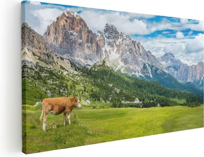 Artaza Canvas Schilderij Koe - 40x20 cm - Klein - Wanddecoratie Bergen - Muurdecoratie Natuur - Schilderijen Op Canvas Landschap