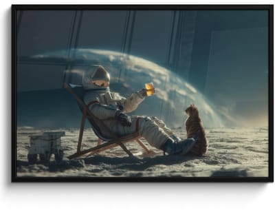 Poster in lijst - Fotolijst 120x80 cm - Posters - Astronaut - Kat - Glas - Stoel - Posterlijst zwart - Decoratie - Wanddecoratie woonkamer - Muurdecoratie slaapkamer