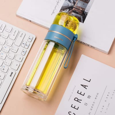 Bouteille isotherme en verre pour thé à bulles, mignonne et créative, avec isolation transparente, pour eau chaude et thé, avec séparation de l'eau, thermos, infuseur à thé 400ml bleu