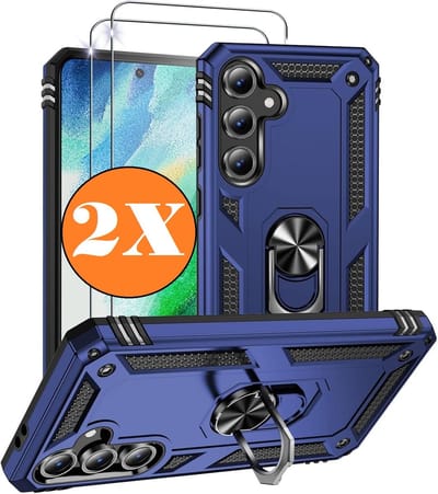 Hoesje Geschikt voor Samsung Galaxy A36 5G Hoesje Blauw Anti-Shock Hybrid Armor hoesje Met Draaibare Ring Houder - Samsung A36 Screenprotector 2 pack