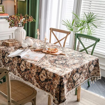 Kwastrand Katoen Linnen Tafelkleed Rood Feestdagen Jacquard Eettafelkleed Bloempatroon Stofdicht Tafelkleed Achtergronddoek 140x140cm 1pcs
