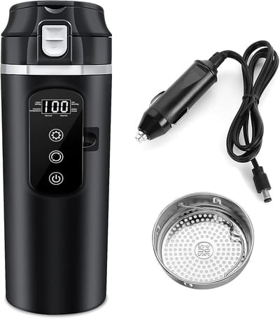 Waterkoker voor auto, 500 ml, Dc 12 V/24 V, elektrische waterkoker, waterkoker voor reisbeker, auto met lcd-display, draagbaar, voor auto, reizen, camping (zwart)