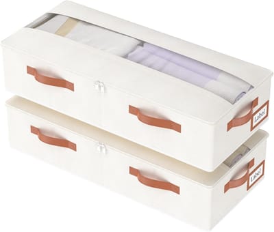 2 Stuks Ladenkast voor Onder Bed, Opbergbox Non-Woven, Opvouwbare Opbergzak, met Doorzichtige Deksel en Handgrepen, voor Slaapkamer, 60x30x15cm, Beige
