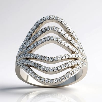Cavill - Zilveren Ring 925 Sterling Geplatineerd - 130 Cambodjaanse Zirkonen 0,827 ct - Elegante Golvende Pavé 19x19 mm