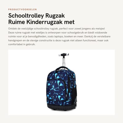 Dailygoods- Schoolrugzak met wieltjes - Grote Capaciteit - Verstelbare Trolley - Kinderrugzak - Slijtvaste Onderkant - Afmeting 31x21x48 cm - Trolleyrugzak