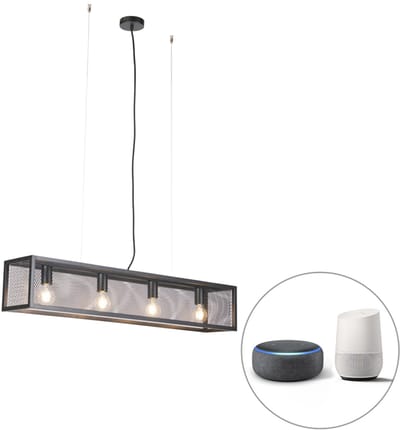 QAZQA cage_wire - Industriele Dimbare LED Smart Hanglamp eettafel incl. wifi met Dimmer voor boven de eettafel | in eetkamer - 4 lichts - L 99.5 cm - Zwart - Industrieel - Woonkamer