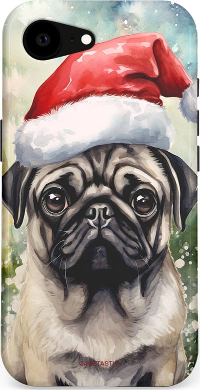 Casetastic hoesje geschikt voor Apple iPhone 16e / Apple iPhone 17e - MagSafe - Dubbellaagse bescherming - Aquarel Kerstmis Pug Hond - Fashion Case - Grijs Taupe Donkergrijs Saliegroen