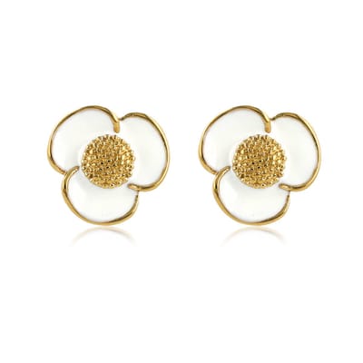 My Bendel - Stralende Goudkleurige Oorsteker met Witte Epoxy Bloemendetail - met Luxe Cadeauverpakking | Sieraden Voor Dames