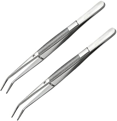 Dailygoods- Pincet Roestvrijstaal - Pincet Set 2 Stuks - Naaimachine-Pincet - Gebogen Punt - Antislip Handgreep - Schokbestendig - Naaimachinepincet