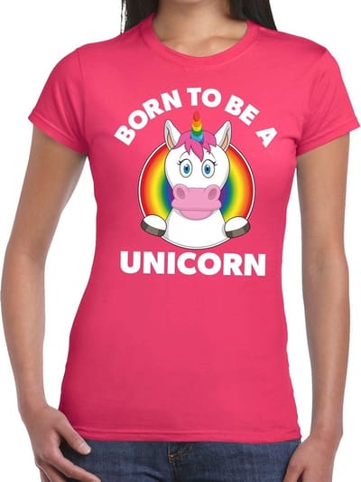 Bellatio Decorations Born to be a unicorn t-shirt - roze - katoenen - dames - gay pride XS