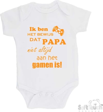 100% katoenen Romper "Ik ben het bewijs dat PAPA niet altijd aan het gamen is!" Unisex Katoen Wit/mosterd Maat 62/68