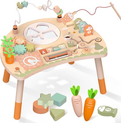 Baby Speeltafel - Ontwikkel Tafel - Spelenderwijs Leren - Stevig Houten Frame - 40x30x35 cm - Natuurlijk Hout