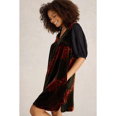 White Stuff Cleo Velvet Mix Dress Green Print Größe: 10 REGULAR | Minikleider Outlet | Damen | Grün