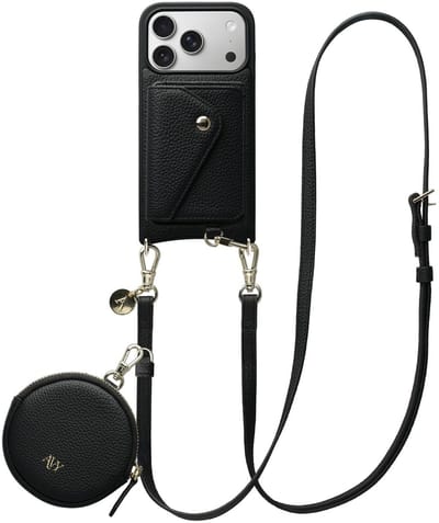 AVY Leren Hoesje geschikt voor Apple iPhone 17 Pro | Met Koord, Wallet en Pouch | Compatibel met MagSafe | Leather Case met 130CM Koord | Long Leather | Zwart