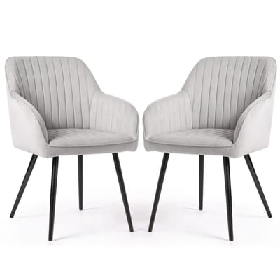 Set van 2 Eetkamerstoelen FLORENCE met Armleuningen / Gestoffeerde Stoelen / Fluwelen Stoelen en Metalen Poten / Grijs met zwarte benen