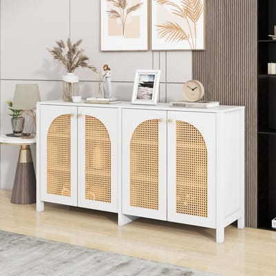 Sideboard - Minimalistisch 4 Rattan Deuren + Metaalhandgreep - Buffetkast voor Keuken & Woonkamer - MDF - Wit