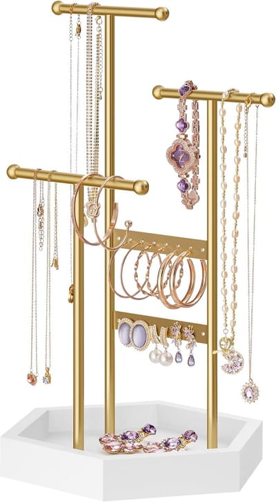 Famanu – Sieradenstandaard met 4 zones, sieradenorganizer met metalen frame voor oorbellen, armbanden en kettingen